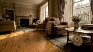 Living room featuring natural wood flooring in Scottish home
