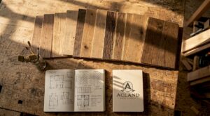 Close-up of wood flooring texture samples on table