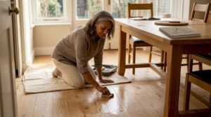 Homeowner applying finish on wood floor