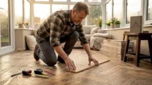 Homeowner laying out wood floor planks