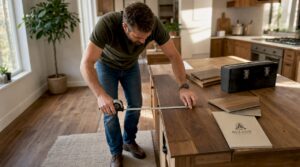 Homeowner measuring wooden floorboard width