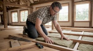 Man installing insulation between wood floor joists
