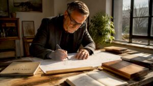 Architect reviewing heritage wood flooring plans