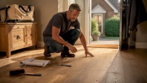 Homeowner inspecting brushed wood floor texture